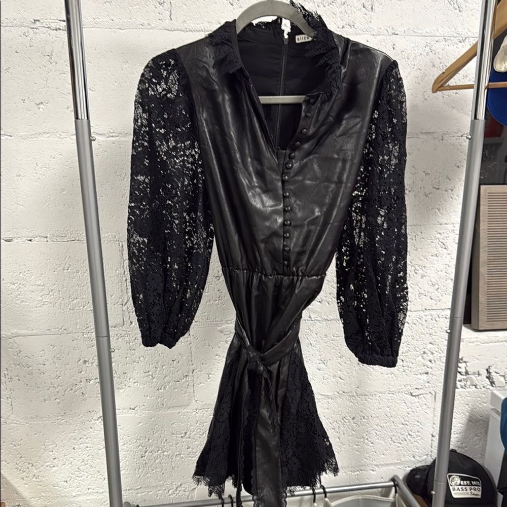 Alice + Olivia Black Tie Front Leather and Lace Long Sleeve Dress - Size 4 NWOT